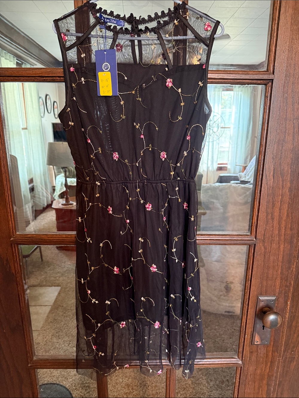 Sheer Black Midi Dress with Pink Floral Embroidery